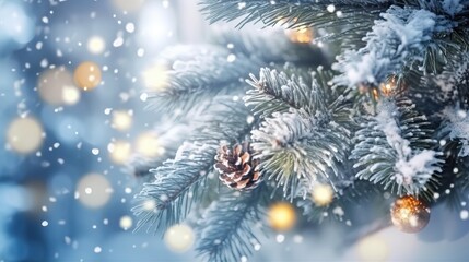 Christmas winter blurred background. Xmas tree with snow decorated, holiday festive background. New year Winter design. generative ai