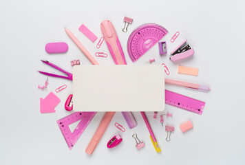 Various school stationery with space for text on color background, top view