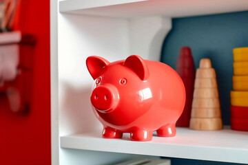 Piggy bank is on the shelf