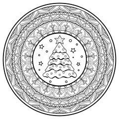 Vector illustration of a mandala with Christmas tree for coloring adult book antistress, mandala vettoriale con albero di natale da colorare per libro adulti antistress