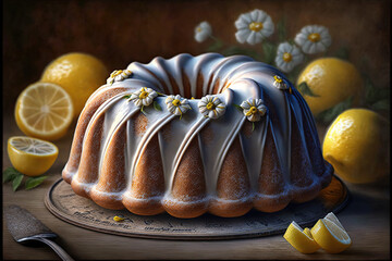 Lemon bundt cake with white glaze and fresh lemons, Generative AI