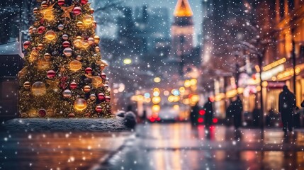 Fototapeta premium city street Christmas winter blurred background. Xmas tree with snow decorated with garland lights, holiday festive background. Widescreen backdrop. New year Winter. 
