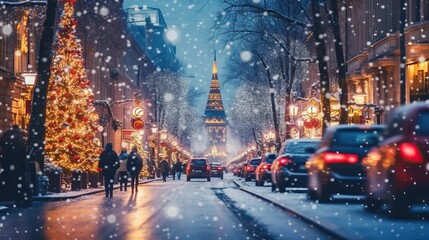 city street Christmas winter blurred background. Xmas tree with snow decorated with garland lights, holiday festive background. Widescreen backdrop. New year Winter. 
