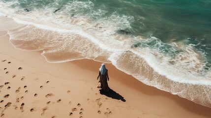 Aerial drone view of a woman wearing a hijab walking on the beach alone