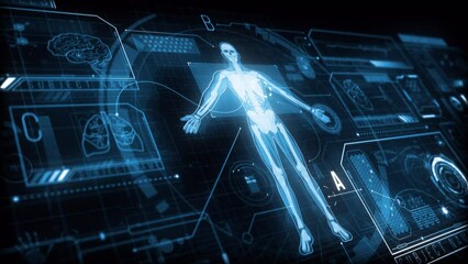 Medical HUD Display with animated elements analyzing a human body in a perspective view. - Powered by Adobe