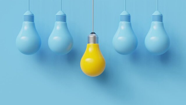 Hanging light bulbs with glowing one different idea on light blue background. 4K 3D animation
