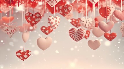 Christmas background. Hanging decorative hearts holiday design elements. Festive background with christmas ornament decoration, Copy space. banner and poster. generative ai