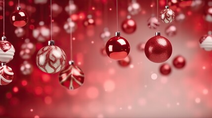 Fototapeta na wymiar Christmas background. Hanging decorative baubles ball holiday design elements. Festive background with christmas ornament decoration, Copy space. banner and poster. generative ai