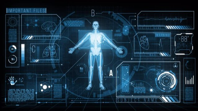 Futuristic HUD Medicine Screen Data. A modern digital interface with loading human anatomy in the center.