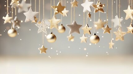 Christmas background. Hanging decorative baubles star holiday design elements. Festive background with christmas ornament decoration, Copy space. banner and poster. generative ai