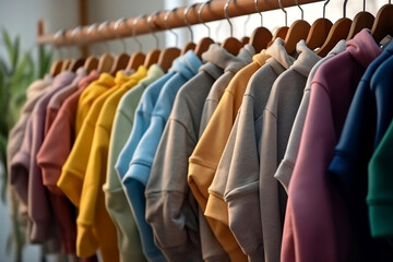 Hoodies of different colors hang on a hanger