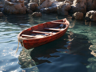 Obraz premium Barque sur l'eau parmi les rochers ensoleillés