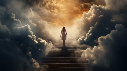 3D rendering of a woman going to heaven Generative AI - obrazy, fototapety, plakaty