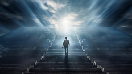 Fototapeta na wymiar Stairs to heaven heading up to skies, bright light from heaven door, Concept art, Epic light,Background illustration of stairs on the way to heaven,The way to success concept Generative AI