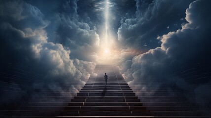 Stairs to heaven heading up to skies, bright light from heaven door, Concept art, Epic light,Background illustration of stairs on the way to heaven,The way to success concept Generative AI - obrazy, fototapety, plakaty