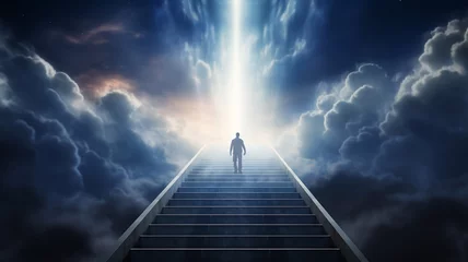 Foto op Canvas Stairs to heaven heading up to skies, bright light from heaven door, Concept art, Epic light,Background illustration of stairs on the way to heaven,The way to success concept Generative AI © Nataliia