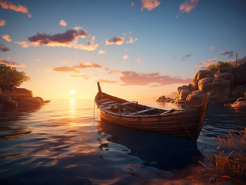 Vieille barque en bois sur l'eau et soleil couchant