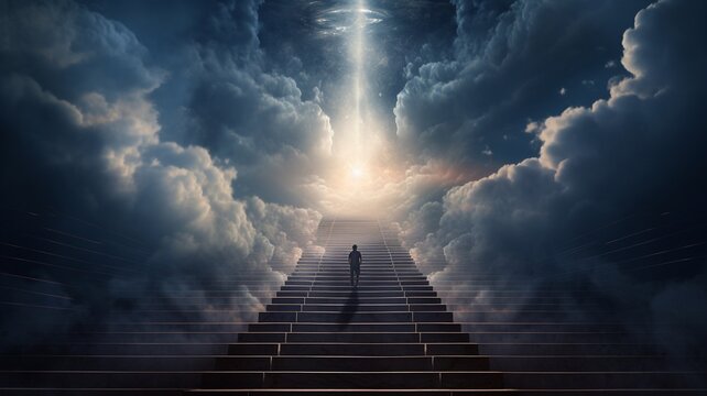 Stairs to heaven heading up to skies, bright light from heaven door, Concept art, Epic light,Background illustration of stairs on the way to heaven,The way to success concept Generative AI
