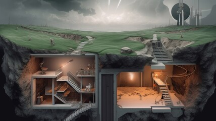 Underground bunker concept of landing page protective shelter room. safe survival bunker with food supplies. Generative AI