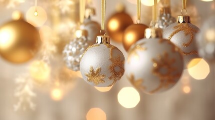 Naklejka na ściany i meble Christmas background. Hanging decorative baubles ball holiday design elements. Festive background with christmas ornament decoration, Copy space. banner and poster. generative ai