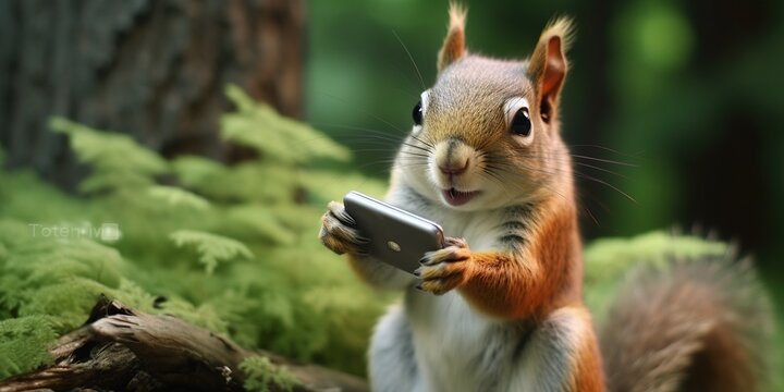 Squirrel holding smartphone device looking like its scrolling through social media, concept of Digital Detox, created with Generative AI technology