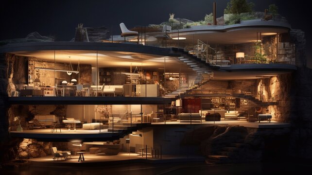 Underground bunker concept of landing page protective shelter room. safe survival bunker with food supplies. Generative AI