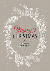 Christmas Poster with pine branches on brown background. New year illustration.