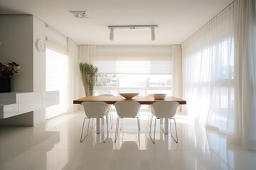Airy Dining Room With Minimalist Table And Modern Chairs Minimalist Interior Design. Generative AI