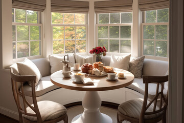 Obraz premium Charming Breakfast Nook With Round Table And Cozy Seating Traditional Interior Design. Generative AI