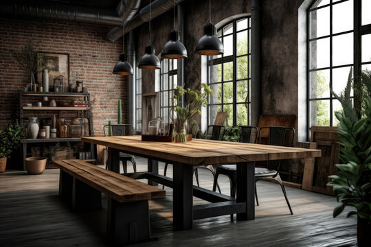 Industrialinspired Dining Room With Reclaimed Wood Table Industrial Interior Design. Generative AI