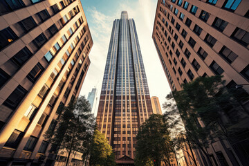 Fototapeta na wymiar Towering Skyscraper Captured From Street Corner, Showcasing Linear Perspective. Generative AI