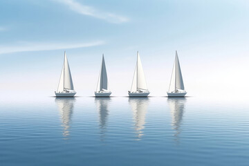 Fototapeta premium Row Of Sailboats On Calm Lake, Illustrating Linear Perspective. Generative AI