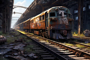 Wrecked, Abandoned Train Yard With Derailed Locomotives And Rusty Tracks. Generative AI