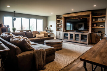 Modern Farmhouse Media Room With Cozy Sectional And Rustic Entertainment Center Modern Farmhouse Interior Design. Generative AI