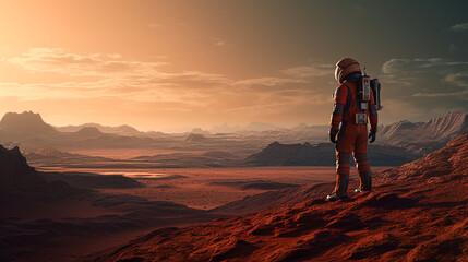 Fototapeta na wymiar astronaut on mars Standing and looking out at the Martian landscape. ai generative