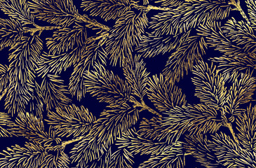 Winter background with golden pine branches on dark blue background.