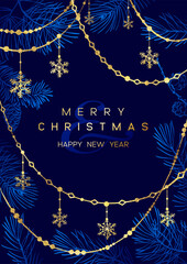 Christmas Poster with pine branches on dark blue background with golden elements. New year illustration. - 618209700