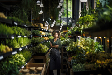 Naklejka premium Happy and smiling black woman, small business owner in her plant shop