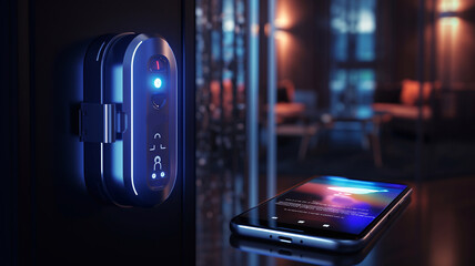 Hotel door security Unlocking by application on mobile phone. Digital door lock, key less system of access door. Close up and selective focus. Generative AI - obrazy, fototapety, plakaty