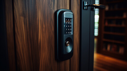 Digital Door handle or Electronics knob for access to room security, Door wooden half opening through interior living room background Generative AI