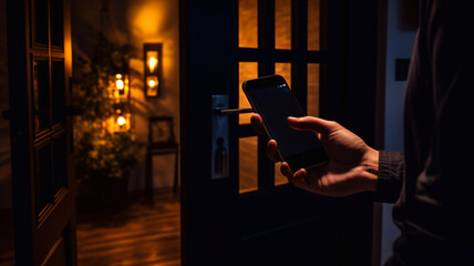 Fototapeta na wymiar mobile smart phone use for open safety door and opens the door of his home.