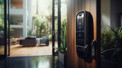 Hotel door security Unlocking by application on mobile phone. Digital door lock, key less system of access door. Close up and selective focus. Generative AI