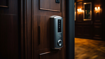 Hotel door security Unlocking by application on mobile phone. Digital door lock, key less system of access door. Close up and selective focus. Generative AI
