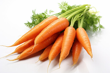 Ripe fresh carrots with drops of water on a white background