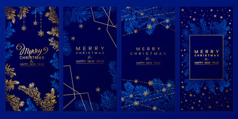 Christmas Poster set. Vector illustration of Christmas Background with branches of christmas tree and golden elements.