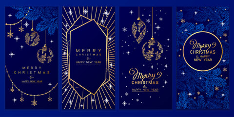Christmas Poster set. Vector illustration of Christmas Background with branches of christmas tree and golden elements. - 618210522