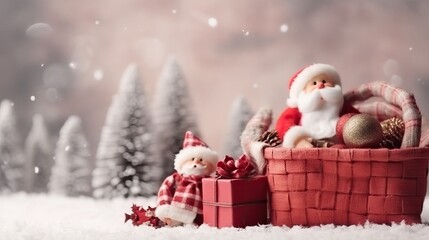 Obraz premium Santa claus. Christmas background with decorative holiday design elements. Festive background with christmas ornament decoration, Copy space. Banner and poster. generative ai