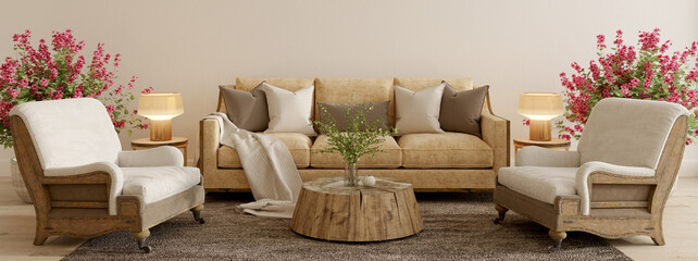 Vintage retro style living room. Classic home interior design. 3d rendering illustration in pastel colors