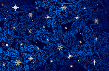 Winter background with pine branches on dark blue background. White stars and golden snowflakes on blue - 618211163