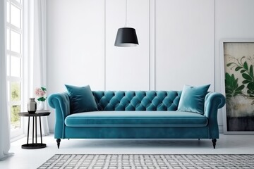  blue sofa and white wall in modern living room AI Generated
